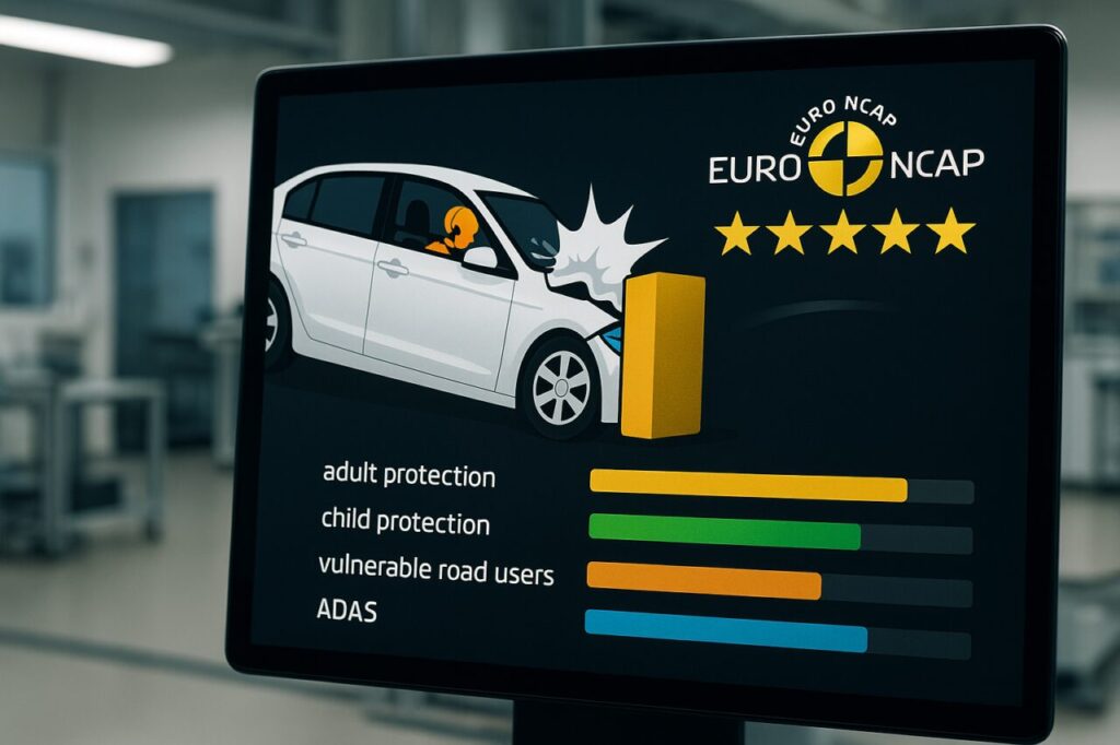 Schermata dei risultati EuroNCAP con 5 stelle per protezione adulti, bambini e sistemi ADAS