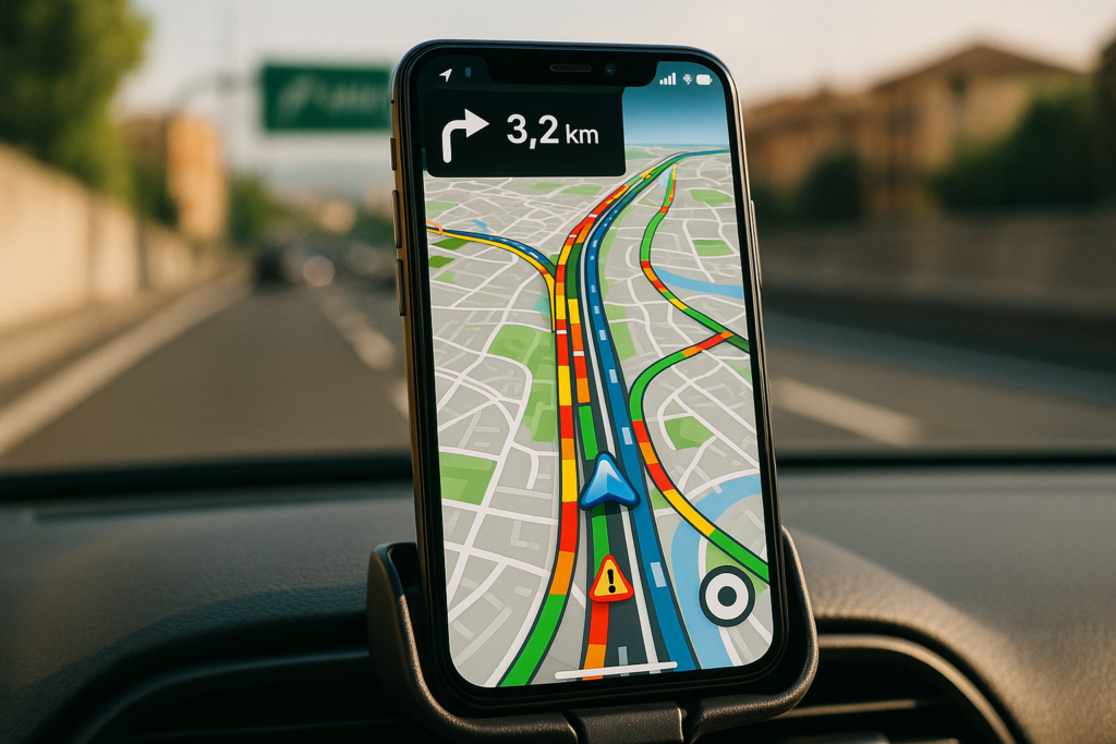 Schermo di app per il traffico con indicazioni in tempo reale su smartphone nel cruscotto di un'auto