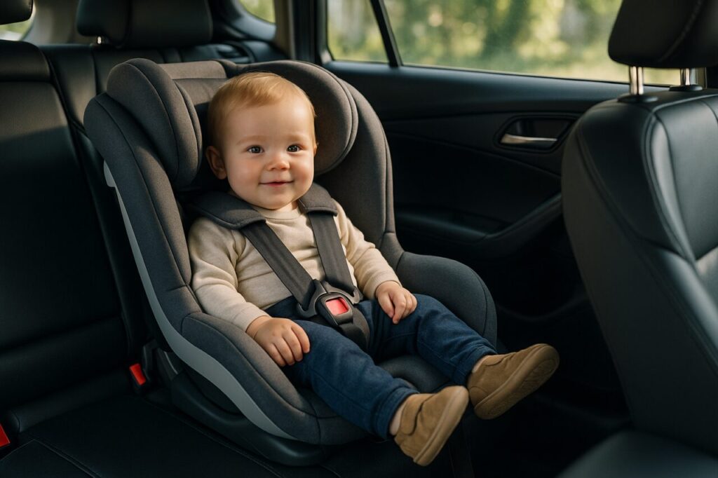Seggiolino auto omologato installato correttamente con bambino allacciato in sicurezza