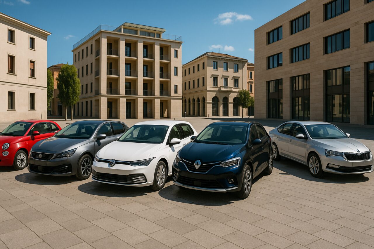 Sei auto diverse parcheggiate in fila per il noleggio a lungo termine: Fiat 500 Hybrid, Peugeot 308, Volkswagen Golf, Renault Captur, Hyundai i30 e Skoda Octavia in una piazza italiana
