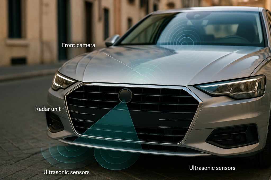 Sensori ADAS su auto moderna: radar, telecamere e ultrasuoni per la sicurezza stradale