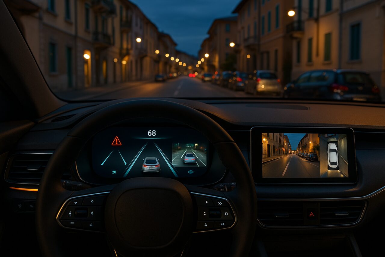 Tecnologia ADAS e sistemi di sicurezza attiva su un'auto moderna in noleggio a lungo termine in Italia