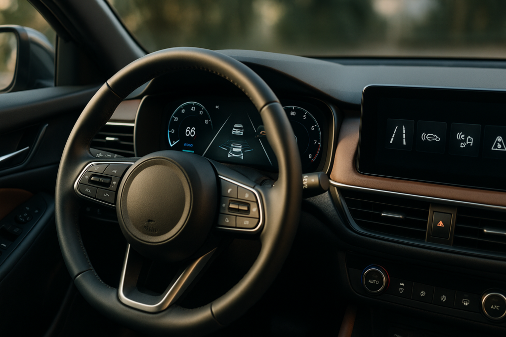Tecnologie di sicurezza attiva e passiva su auto moderna in noleggio a lungo termine