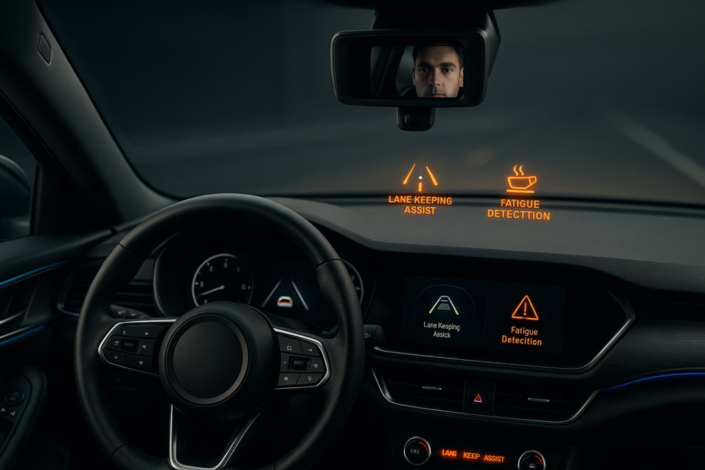 Cruscotto di auto moderna con sistema di monitoraggio del conducente e assistenza al mantenimento della corsia attivi