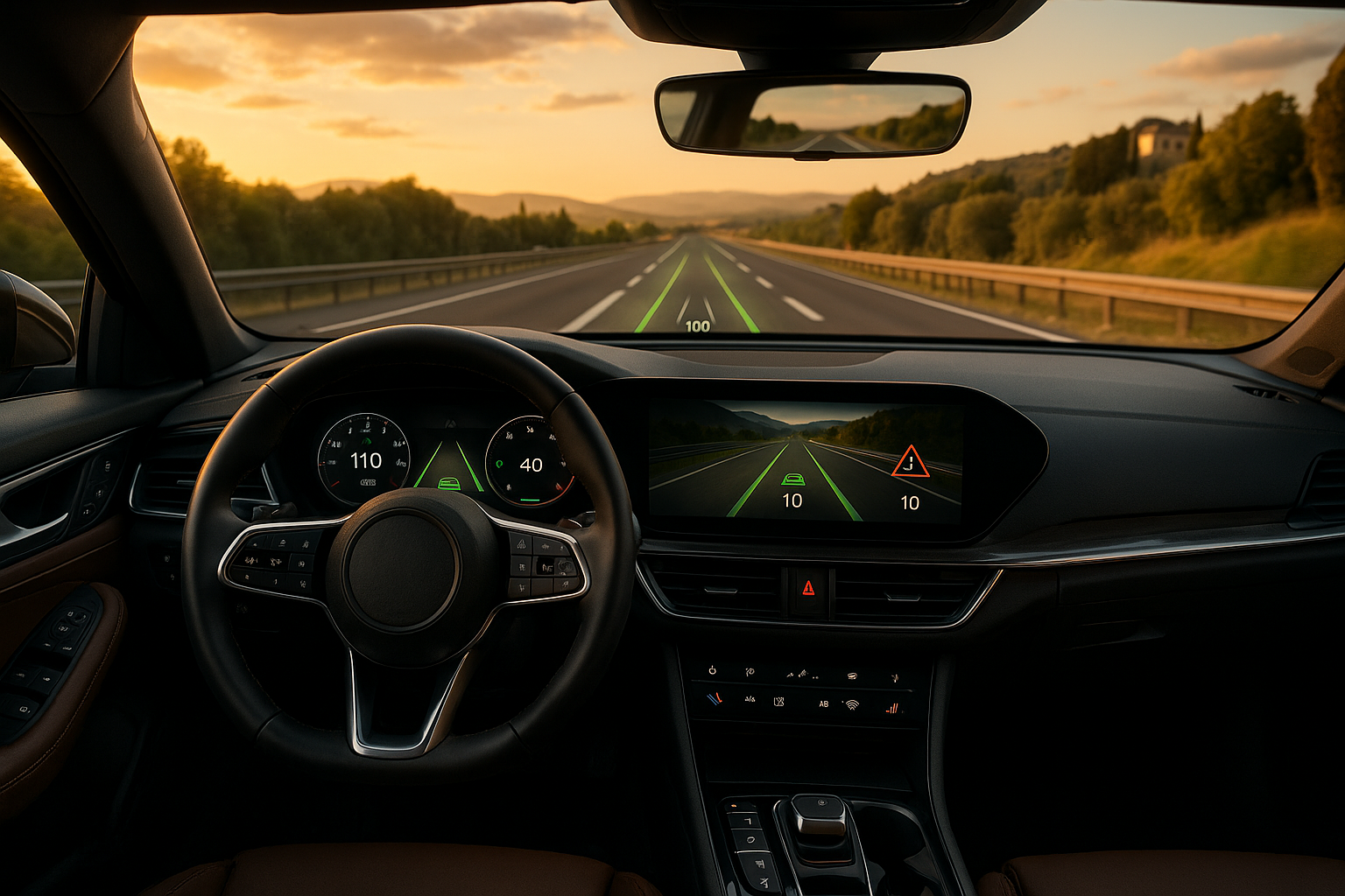 Cruscotto digitale con sistemi ADAS attivi su auto a noleggio a lungo termine in autostrada italiana