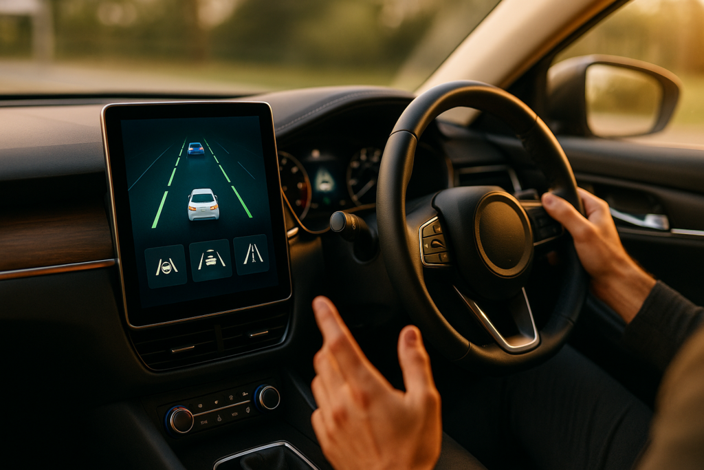 Interni di auto moderna con sistemi ADAS disponibili nel noleggio a lungo termine