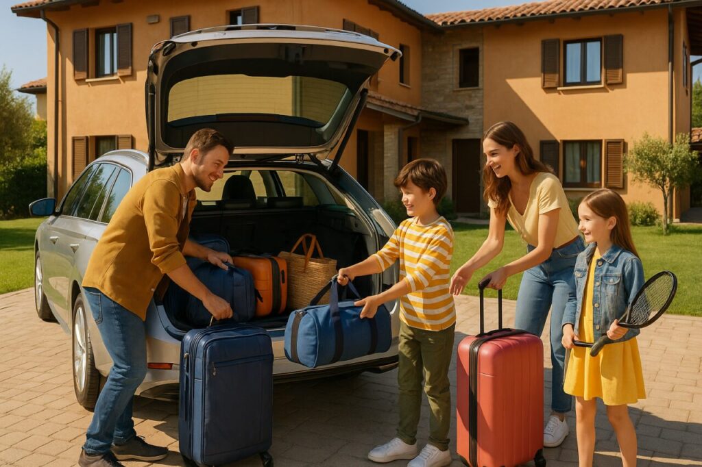 Famiglia carica il bagagliaio spazioso di una Skoda Octavia argento con valigie e bagagli, auto ideale per famiglie in noleggio a lungo termine