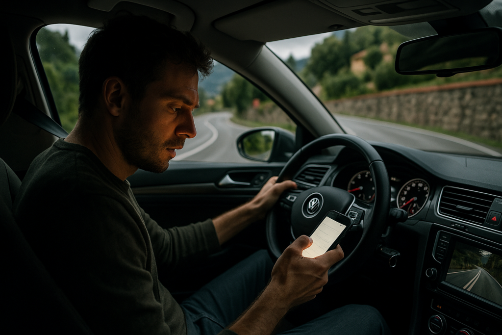 Guidatore distratto dallo smartphone alla guida su strada italiana