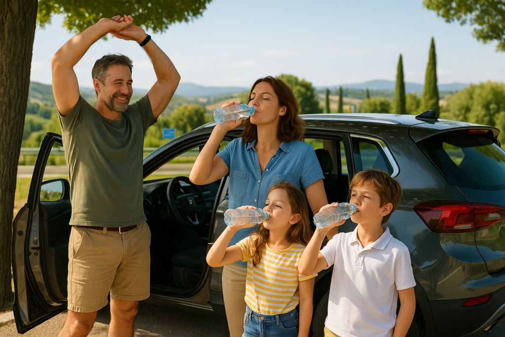 Famiglia italiana in sosta durante viaggio estivo in auto per combattere il caldo e la stanchezza