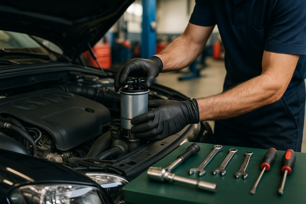 Sostituzione filtro carburante diesel durante la manutenzione ordinaria in officina