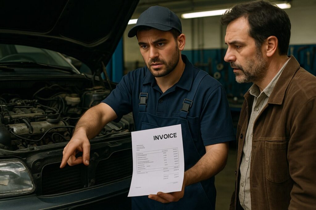 Meccanico mostra fattura costosa per riparazione auto vecchia, segnale per cambiare auto