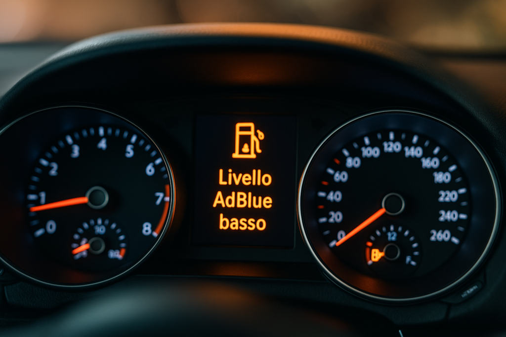Spia AdBlue accesa sul cruscotto di un'auto diesel Euro 6 con messaggio di livello basso