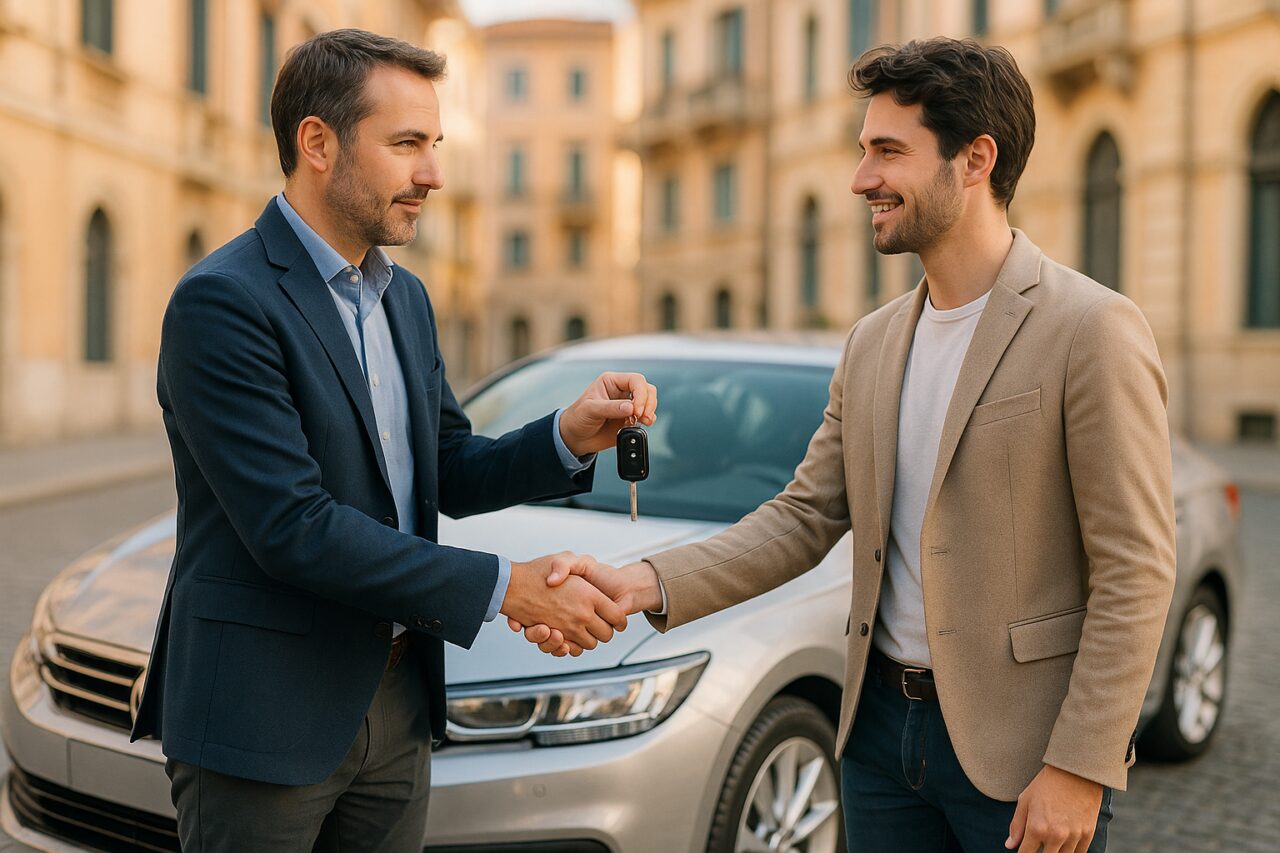 Due persone si stringono la mano durante il subentro di un contratto di noleggio a lungo termine davanti a un'auto in Italia