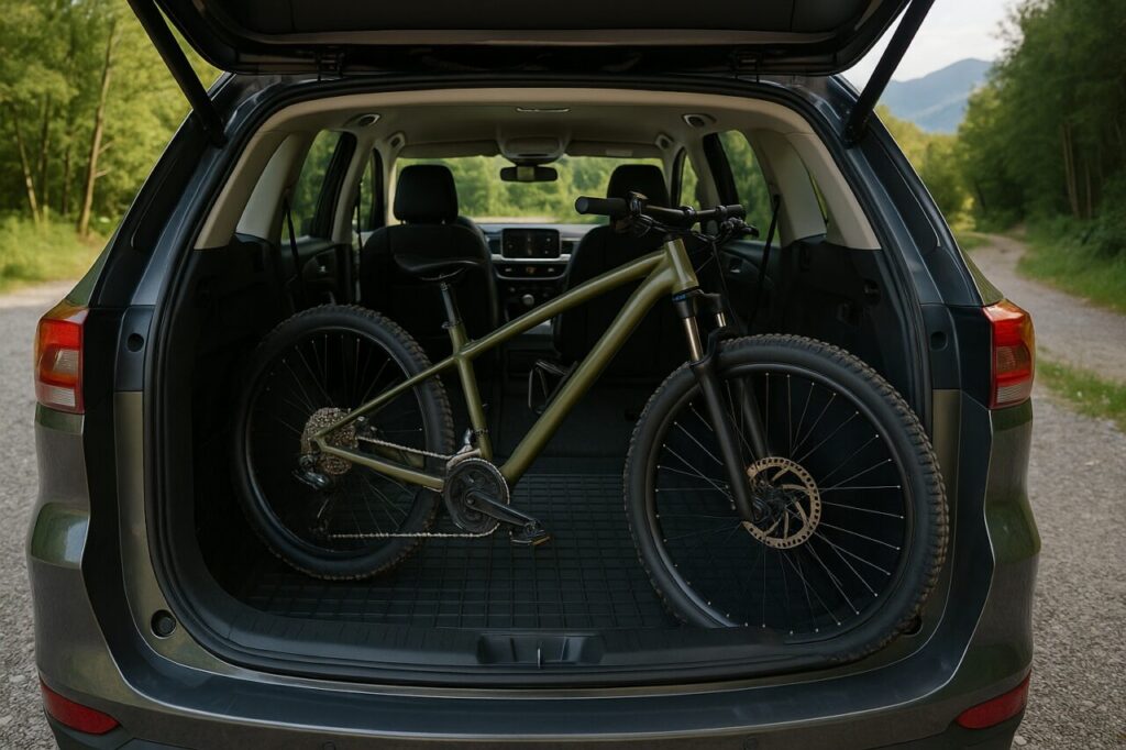 Bagagliaio SUV con mountain bike caricata intera, pianale piatto e soglia di carico bassa
