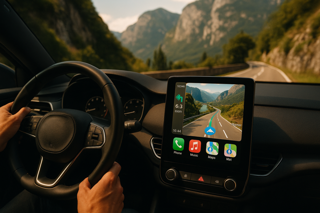 Navigatore Apple CarPlay sul display di un'auto a noleggio a lungo termine durante un viaggio in Italia