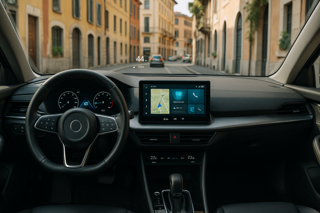 Abitacolo di auto moderna con sistemi di sicurezza avanzati e infotainment intuitivo per la guida sicura