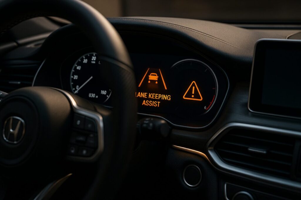 Cruscotto di auto moderna con sistemi di assistenza alla guida attiva, lane keeping assist e driver attention monitor