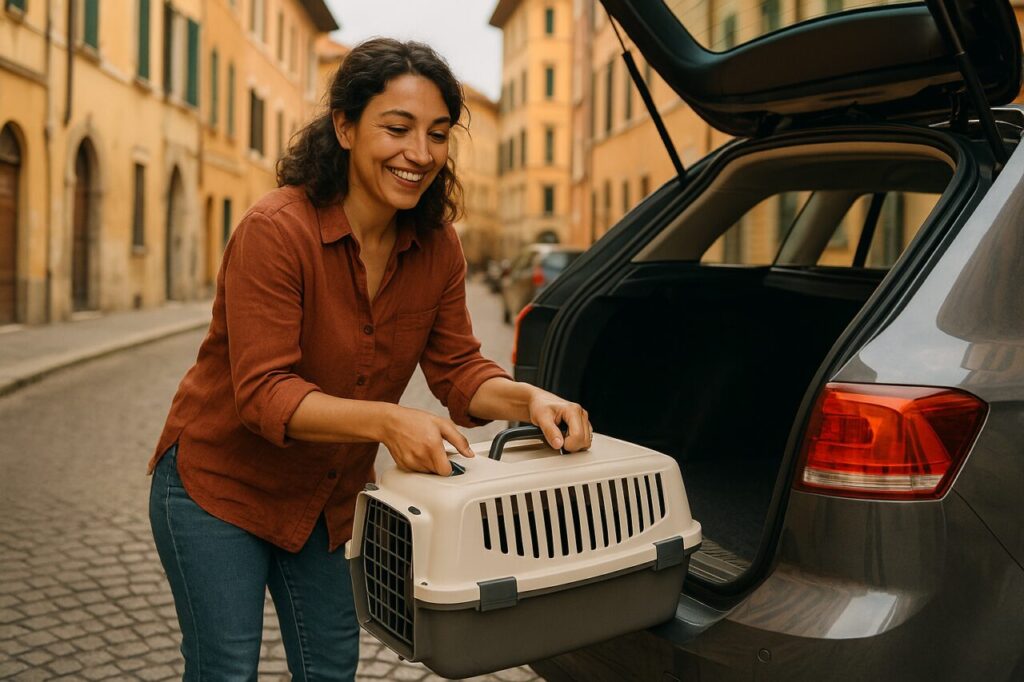 Donna carica trasportino per gatto nel bagagliaio di una station wagon a noleggio lungo termine