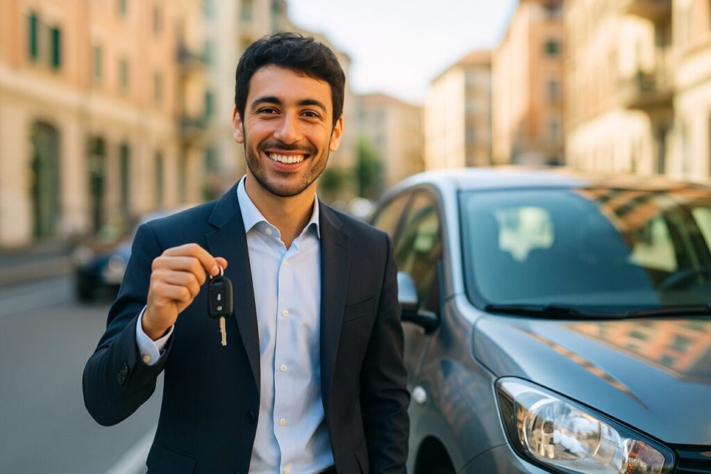 Persona soddisfatta con le chiavi di un'auto ottenuta tramite subentro nel noleggio a lungo termine in Italia