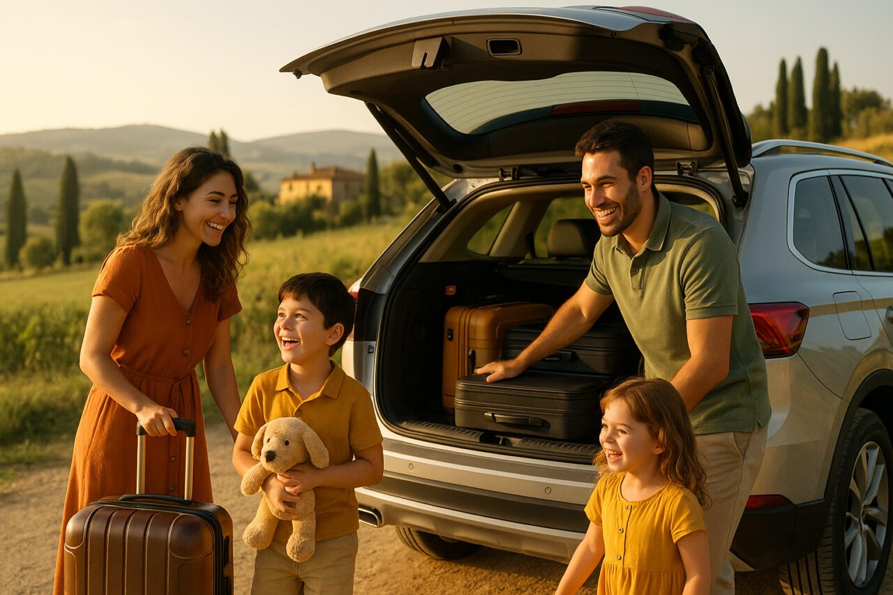 Famiglia italiana felice con bambini che carica i bagagli in un SUV spazioso per un viaggio in auto
